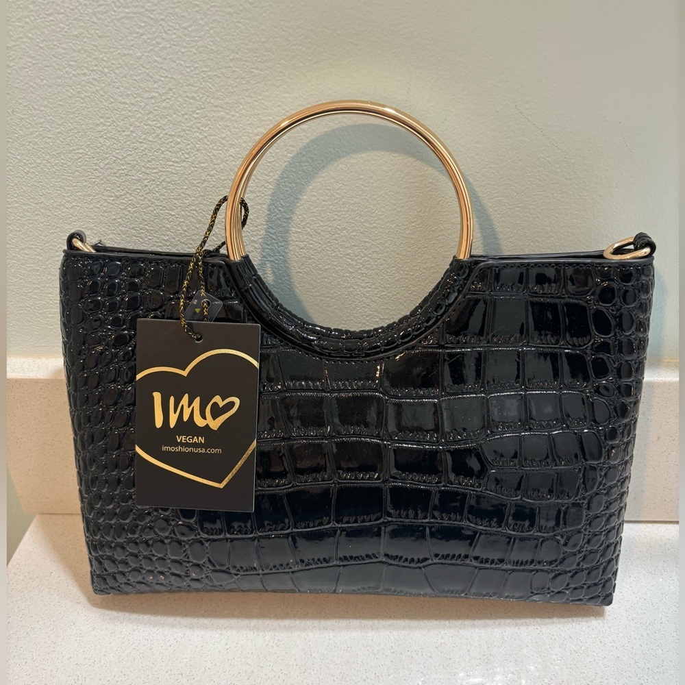 Imoshion Handbag Black Leather Croc Embossed Date Night Evening Bag Clutch